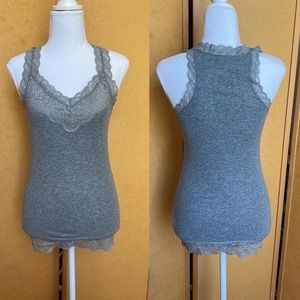 Mossimo Medium Women’s Top - gray stretch cotton w/ stretch lace at neck and hem